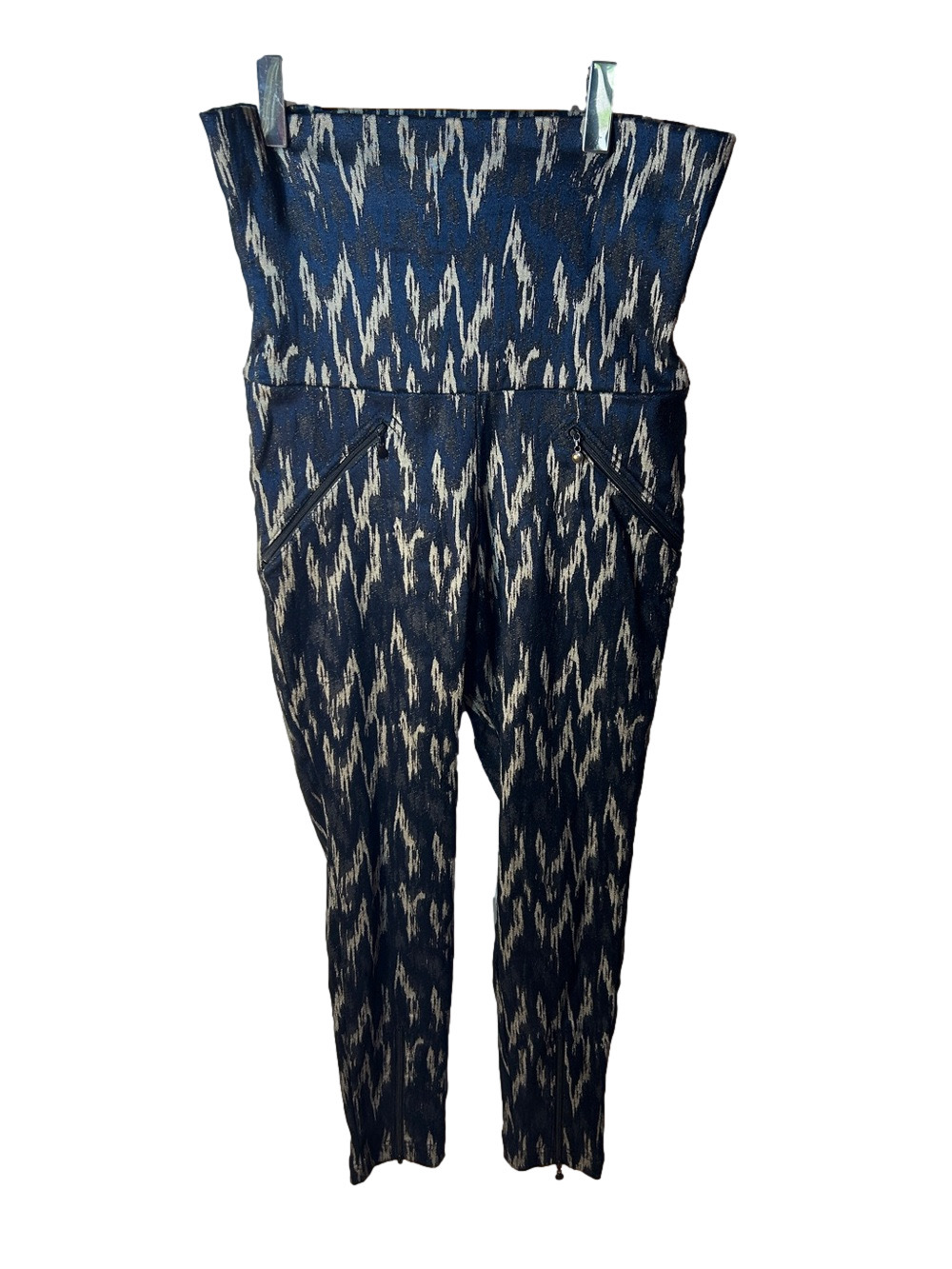 High-Waist Navy Ikat Print Jumpsuit / Foldover Pants Size M maximalist cropped